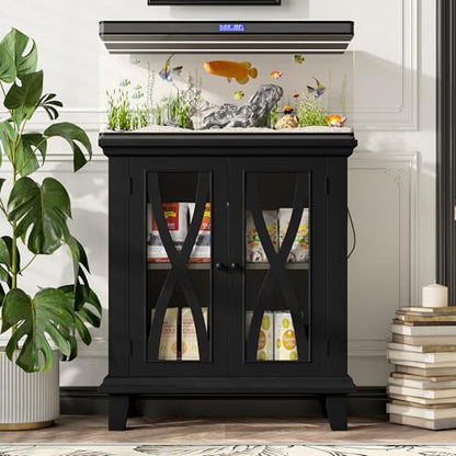 20 Gallon Fish Tank Stand with Cabinet Storage and Power Outlets (4 AC 2 USB), Modern Aquarium Cabinet with Adjustable Shelves, MDF Frame, 298LBS Capacity, Black