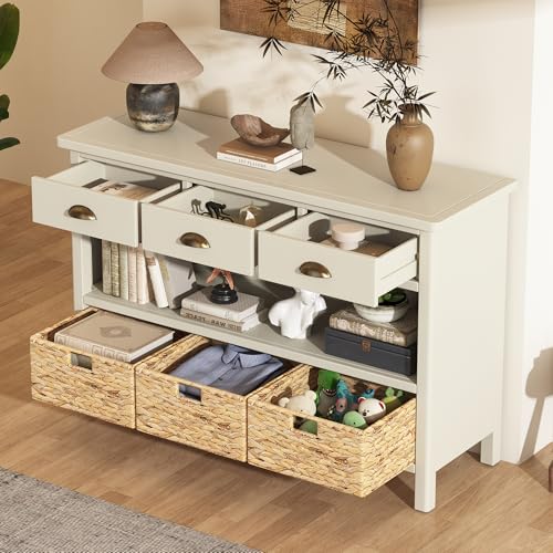 Wood Accent Console Table with Drawer, 3-Tier Entryway Table with Storage Shelves and 3 Water Hyacinth Woven Baskets Sideboard Table Cabinet with Storage - Antique White
