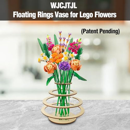 Wooden Vase for Lego Flowers - Floating Rings Vase for Lego Flower Bouquet Building Set - Display Stand for Lego Roses Cherry Blossom Sunflower Tulips Daffodils Lotus