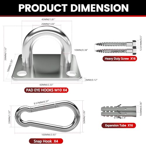 sprookber 304 Stainless Steel Pad Eye Snap Hook,M10 Ceiling Hook 1700Lb,8Pc - size: 4 Inch, style: Square