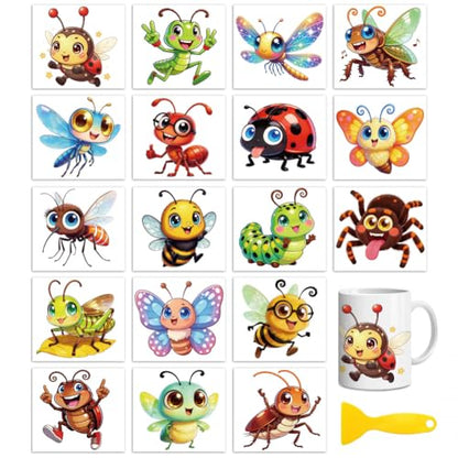 Peacoblue 18 Sheets Rub on Transfers for Crafts, Funny Insects 3.6"x3.9" UV DTF Cup Wraps Waterproof Cold Transfers Stickers for Wood Glass Metal Cup Tumblers Mirrors Mugs Home Decor - style: Funny Insects