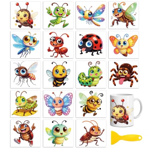 Peacoblue 18 Sheets Rub on Transfers for Crafts, Funny Insects 3.6"x3.9" UV DTF Cup Wraps Waterproof Cold Transfers Stickers for Wood Glass Metal Cup Tumblers Mirrors Mugs Home Decor - style: Funny Insects