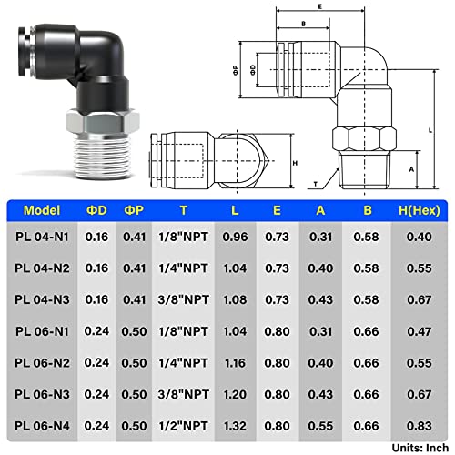TAILONZ PNEUMATIC Male Elbow 4mm Tube OD x 1/4 Inch NPT Thread 90 Push to Connect Fittings PL4-N2 (Pack of 10) - size: 4mm OD 1/4''MNPT