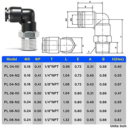 TAILONZ PNEUMATIC Male Elbow 4mm Tube OD x 1/4 Inch NPT Thread 90 Push to Connect Fittings PL4-N2 (Pack of 10) - size: 4mm OD 1/4''MNPT