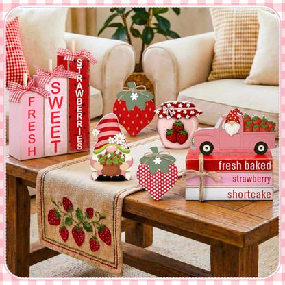 11 Pcs Strawberry Table Decorations Set Strawberry Tiered Tray Decor Spring Summer Wooden Top Farmhouse Rustic Wooden Coffee Table Centerpieces for Home Kitchen Office Decorations - style: Strawberry