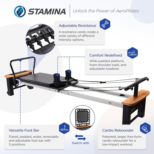 Stamina Products AeroPilates Board Reformer with Oak Wood Base – Studio Grade for Home Use with Cardio Rebounder, Adjustable Foot Bar, 4 Resistance Springs, and Workout DVD - style: AeroPilates Pro XP 556 Home Pilates Reformer with Free-Form Cardio Reboun