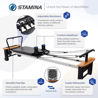Stamina Products AeroPilates Board Reformer with Oak Wood Base – Studio Grade for Home Use with Cardio Rebounder, Adjustable Foot Bar, 4 Resistance Springs, and Workout DVD - style: AeroPilates Pro XP 556 Home Pilates Reformer with Free-Form Cardio Reboun