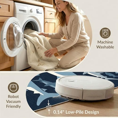 9'x12' Washable Graphic Fish Oversized Rug, Blue Non-Shedding Pet Friendly Carpet for Master Suite, California King, Under Bed, Foldable Easy Care Mat | Ref:2070230