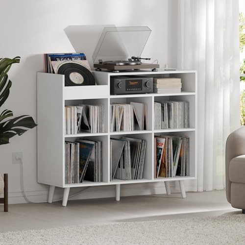 Large Record Player Stand with Vinyl Storage Cabinet, Wood Turntable Table Open Shelf Holder Up to 500 Albums Cube Storage Organizer for Living Room, Office, White