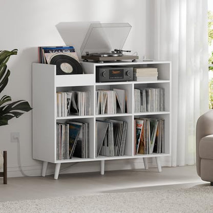 Large Record Player Stand with Vinyl Storage Cabinet, Wood Turntable Table Open Shelf Holder Up to 500 Albums Cube Storage Organizer for Living Room, Office, White