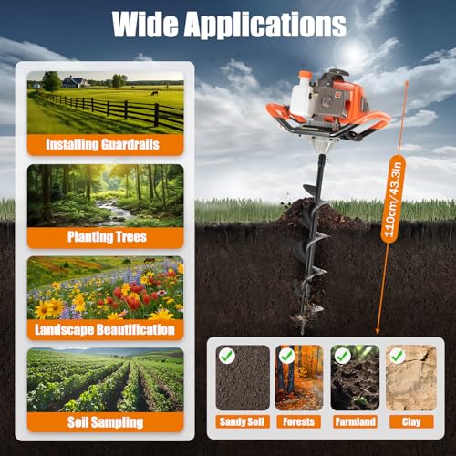 Dyrabrest 71CC Petrol Earth Auger Post Hole Digger Auger with 3 Drills （Ground Drill 4"/ 6"/ 8" Bits ）+ Extension Bar 12"