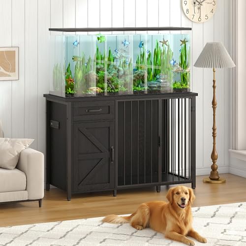 55-75 Gallon Fish Tank Stand with Dog Crate, Multifunctional Aquarium Stand with Cabinet and Power Outlets for Larger Aquariums and Versatile Use (Black) - color: Black, size: 48.8"L x 19.7"W x 32.7"H