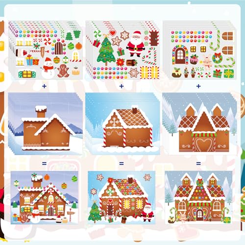 Frienda 96 PCS Christmas Gingerbread House Stickers Kit Winter Make a Gingerbread House Stickers Bulk 48 Set DIY Arts Crafts for Xmas Decoration Christmas Party Favors Home Game Activities - style: Gingerbread House