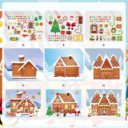 Frienda 96 PCS Christmas Gingerbread House Stickers Kit Winter Make a Gingerbread House Stickers Bulk 48 Set DIY Arts Crafts for Xmas Decoration Christmas Party Favors Home Game Activities - style: Gingerbread House