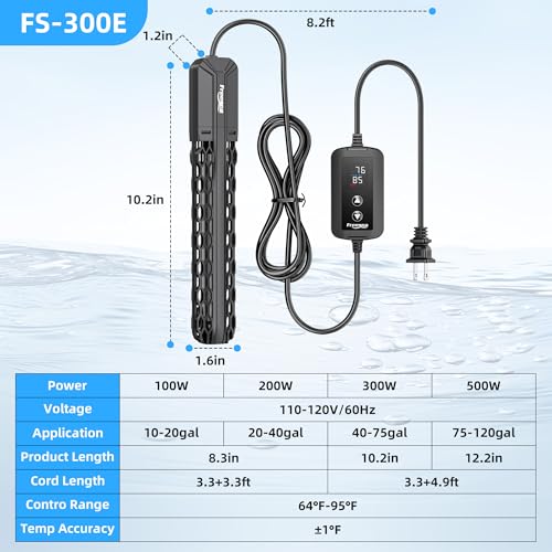 Aquarium Heater for Fish Tank: 100W/200W/300W/500W Submersible Fish Tank Heater with Over-Temperature and Off-Water Protection for 40-75 Gallon Saltwater and Freshwater - size: 300W(40-75gallon)