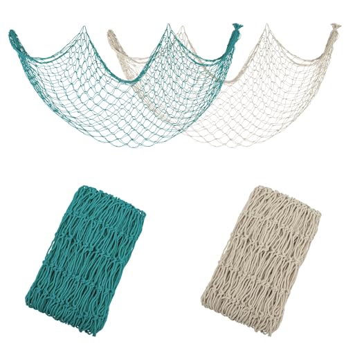 Decorative Fishing Net 5x10 ft,YuanDe 2 Pack Large Beige & Aqua Picture Fish Net, Wall Photo Hanging Fishnet for Nautical Mermaid Pirate Ocean Themed Hawaii Beach Under The Sea Party Decorations - color: beige-aqua-12