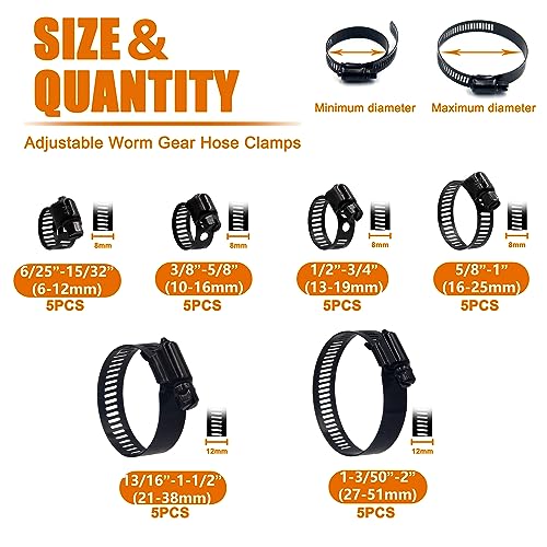 30pcs Black Hose Clamps 6-51mm(1/4"-2") Adjustable Range 304 Stainless Steel Worm Gear Hose Clamps 6 Sizes Assortment Kit for Plumbing, Automotive, Mechanical Applications (Black)