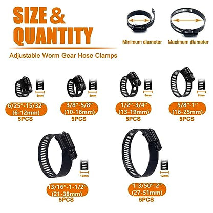 30pcs Black Hose Clamps 6-51mm(1/4"-2") Adjustable Range 304 Stainless Steel Worm Gear Hose Clamps 6 Sizes Assortment Kit for Plumbing, Automotive, Mechanical Applications (Black)