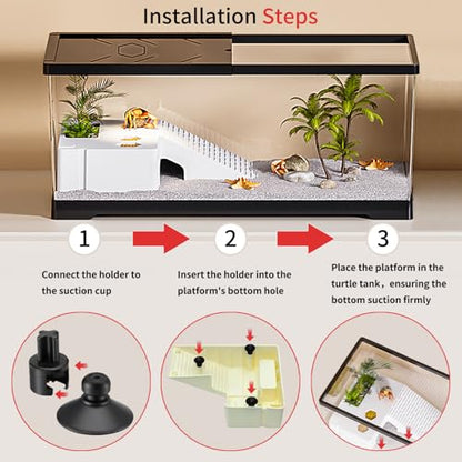 Turtle Fish Tank with Basking Platform and Bottom Drainage, 20" x 9.5" x 9.5" Aquatic Turtle Tank for Juvenile Turtle, Crayfish, Crabs, Amphibians, Reptiles, PC Material, Black Color