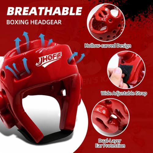 Martial Arts Karate Protective Sparring Gear Package Deal/Gift Adjustable Adult & Youth Headgear, Gloves & Kicks for MMA, Taekwondo, Boxing Training (Red, Medium)