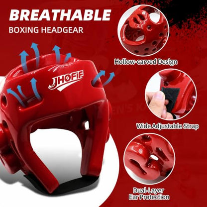 Martial Arts Karate Protective Sparring Gear Package Deal/Gift Adjustable Adult & Youth Headgear, Gloves & Kicks for MMA, Taekwondo, Boxing Training (Red, Medium)