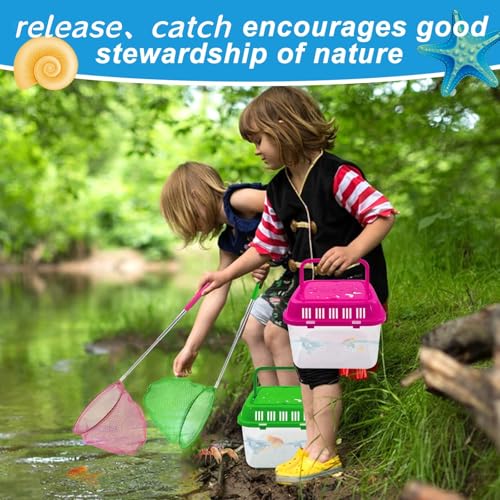 4Sets Catch Plastic Beach Aquarium Kit,Great Concept for Catching and Release,Clear and Transparent Portable Handheld Tank with Retractable net Bag for Beach, Pool and Lake