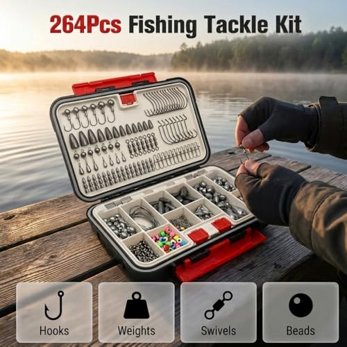 Fishing Tackle Box - 264pcs Complete Fishing Gear Kit, Tackle Box Organizer with Tackle Included, Fishing Hooks, Fishing Weights etc, Fishing Accessories for Bass Trout Crappie, Fishing Gift for Men