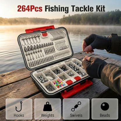Fishing Tackle Box - 264pcs Complete Fishing Gear Kit, Tackle Box Organizer with Tackle Included, Fishing Hooks, Fishing Weights etc, Fishing Accessories for Bass Trout Crappie, Fishing Gift for Men
