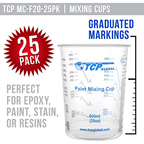 TCP Global 20 oz. (600ml) Graduated Plastic Mixing Cups - Box of 25 - Disposable Plastic Measuring Cups for Liquids, Paints, Resin, Epoxy, Art, Kitchen - Ratios 2-1, 3-1, 4-1 ML