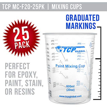 TCP Global 20 oz. (600ml) Graduated Plastic Mixing Cups - Box of 25 - Disposable Plastic Measuring Cups for Liquids, Paints, Resin, Epoxy, Art, Kitchen - Ratios 2-1, 3-1, 4-1 ML
