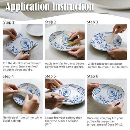 SUPERDANT 5 Pcs Underglaze Transfer Paper Blue Folk Art Flowers Ceramic Decals Floral Pottery Decals for Cups Plates Vases Beginner Handmade Studio Clay Porcelain - style: Folk Art Flowers