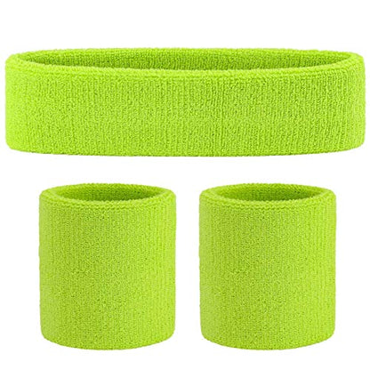 ONUPGO Sweatband Set Sports Headband Wristband Set Sweatbands Terry Cloth Wristband Wrist Sweatband Headbands Moisture Wicking Sweat Absorbing Head Band - color: Neon Green