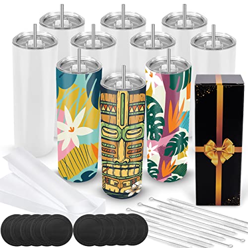 Joyclub Sublimation Tumblers Blanks 20 oz 10 Pack Skinny Straight Tumblers Bulk Stainless Steel Insulated Sublimation Cups with Lid and Straw, Gift Box - color: White 10 Pack