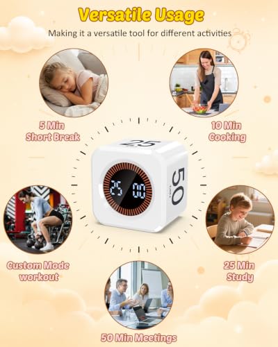 Digital Pomodoro Timer Cube 5/10/25/50min Preset, Silent & Sound Alarm - color: White