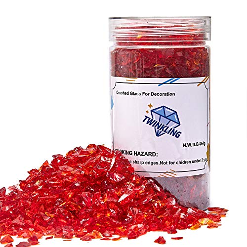 TWINKLING High Luster Fire Glass Gravel Stone Glitter,Broken Glass,Fire Gems Chips,Crushed Glass for Fire Pit Crafts Resin Art Aquarium Garden Decoration,3-6mm,1-Pound Jar (Red) - color: Red