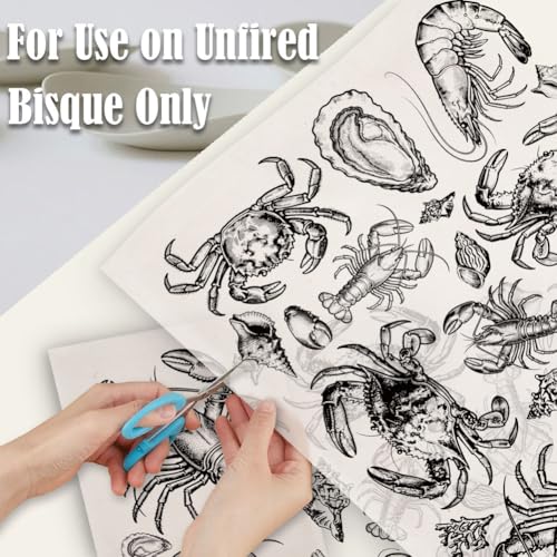SUPERDANT 4PCS Ocean Shellfish Underglaze Paper Transfer Lobster Crab Transfer Papers for Clay Ceramic Porcelain Under Glaze Transfers for Pottery Enamel Decals Black Underglaze Handcrafted Gifts