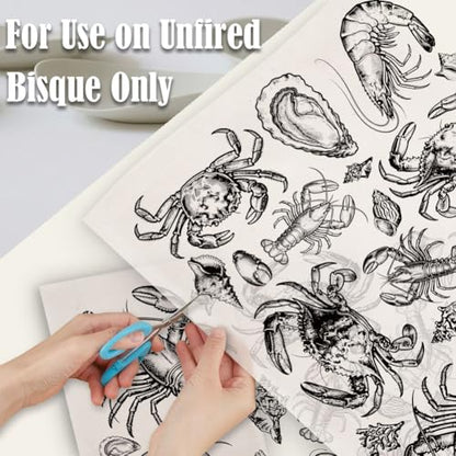 SUPERDANT 4PCS Ocean Shellfish Underglaze Paper Transfer Lobster Crab Transfer Papers for Clay Ceramic Porcelain Under Glaze Transfers for Pottery Enamel Decals Black Underglaze Handcrafted Gifts