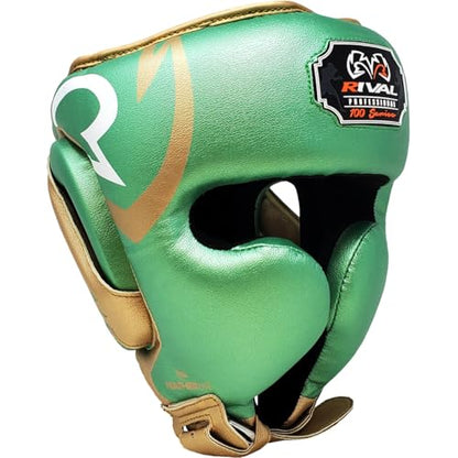 RIVAL Boxing RHG100 Professional Headgear - Lightweight Construction with Wide, Lateral Eye Opening for Maximum Visibility - color: Green/Gold, size: Large