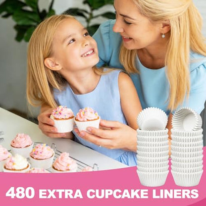 LotFancy (12 Count x 40 Sets) Mini Cupcake Containers with 480 Liners, Clear Plastic Cupcake Boxes Holders, Dozen Disposable Cupcake Carriers with Detachable Lid - size: Mini (40 sets)