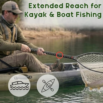 Riverruns Fly Fishing Landing Net Carbon Fiber Trout Net with Measurement Handle, Soft Rubber Mesh - 26" Standard (Wading) / 37" Long (Kayak) - color: 37" Kayak Net (Long) - Green 3K Woven