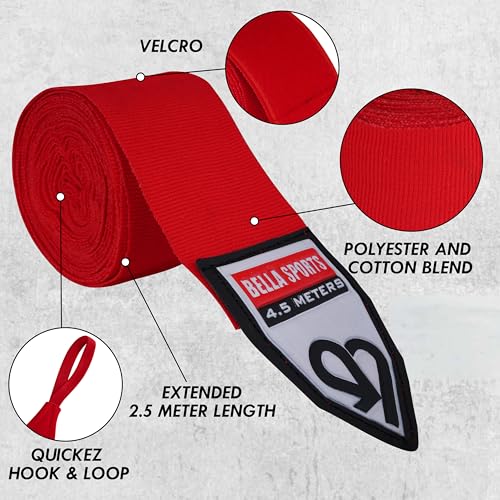 Bella Sports Boxing Hand Wraps Cotton Elastic Wrist Wraps for Men Women MMA Muay Thai Kickboxing Handwraps with Thumb Loop Hook and Loop Closure Training Support - color: Red