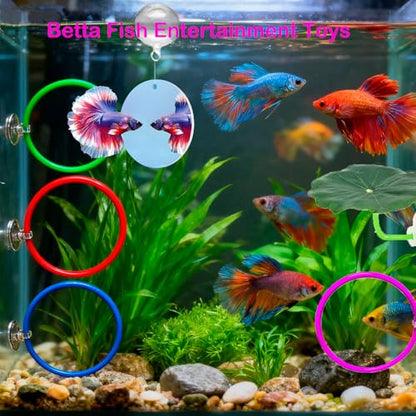 8 pcs Betta Fish Enrichment Toys Fish Exercise Rings Floating Betta Hide Shrimp Cave Tank Hammock Feeder Mirror Resting Spot for Small Fish Training Feeding Rings