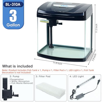 3 Gallon Glass Aquarium Starter Kit with Flip-Top Feeding Port for Betta Fish: Crystal Clear 360° Viewing, Eco-Cycle Filtration, Air Pump, and LED Lighting