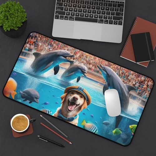 Dog Training Dolphins at an Aquarium - Vibrant Colors Rubber Base Smooth Surface Premium Desk Mat