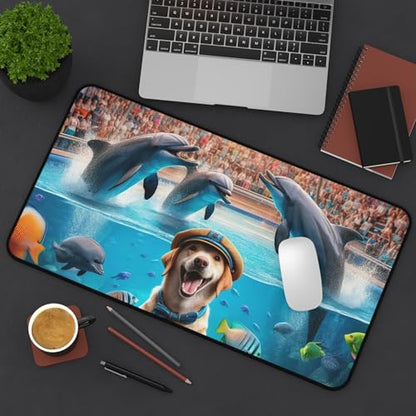 Dog Training Dolphins at an Aquarium - Vibrant Colors Rubber Base Smooth Surface Premium Desk Mat