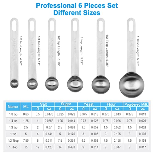 Upgrade Stainless Steel Measuring Spoons Set, Small Tablespoon, Teaspoons, Set 6 with Bonus Leveler, Etched Markings and Removable Clasp for Dry and Liquid, Fits in Spice Jars - size: 7 pieces