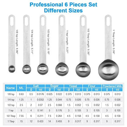 Upgrade Stainless Steel Measuring Spoons Set, Small Tablespoon, Teaspoons, Set 6 with Bonus Leveler, Etched Markings and Removable Clasp for Dry and Liquid, Fits in Spice Jars - size: 7 pieces
