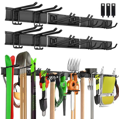 Garage Wall Organizer, 96 in Garden Tool Organizer with 12 Adjustable Hooks | 720 LBS Load, Wear & Tear Resistant, Soft Anti-Scratch Hook Sleeves, 3 Extra Storage Straps, For Garden Lawn & Shed Tools - size: 96 inch 12-Hook