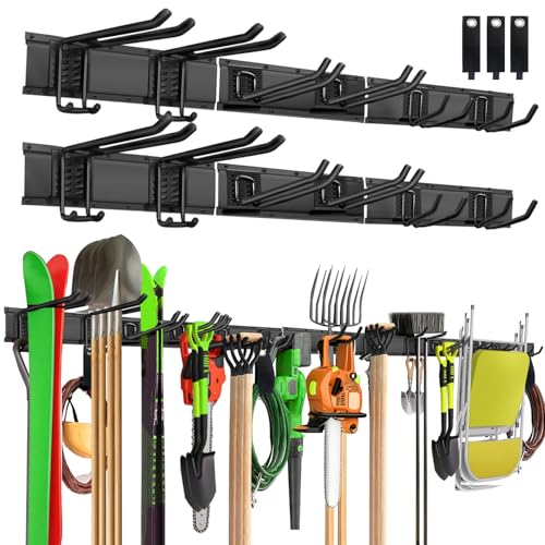 Garage Wall Organizer, 96 in Garden Tool Organizer with 12 Adjustable Hooks | 720 LBS Load, Wear & Tear Resistant, Soft Anti-Scratch Hook Sleeves, 3 Extra Storage Straps, For Garden Lawn & Shed Tools - size: 96 inch 12-Hook