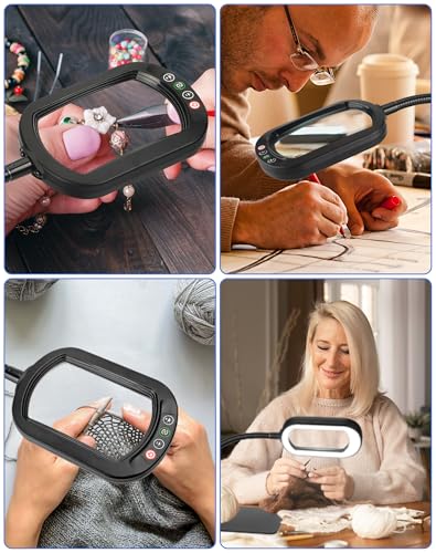 12X Magnifying Glass with Light and Stand LED Magnifier with Light Hands Free Lighted Magnifying Desk Lamp Dimmable for Close Work Craft Read Cross Stitch Sewing Repair Hobby Rectangular - color: Black